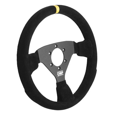 Close-up of OMP 320 ALU Rally black suede racing steering wheel